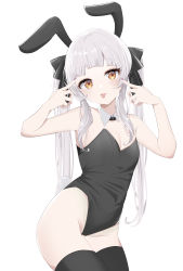Rule 34 | 1girl, absurdres, alternate costume, animal ears, bare shoulders, black bow, black leotard, black ribbon, black thighhighs, blunt bangs, bow, breasts, commentary, covered navel, cowboy shot, detached collar, dreamoon, fake animal ears, hair bow, hair ribbon, hands up, highleg, highleg leotard, highres, hololive, leotard, light blush, long hair, looking at viewer, murasaki shion, playboy bunny, pointing, pointing at self, rabbit ears, rabbit tail, ribbon, sidelocks, simple background, small breasts, solo, standing, strapless, tail, thighhighs, tongue, tongue out, twintails, virtual youtuber, white background, white hair, yellow eyes