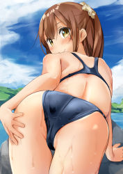 Rule 34 | 1girl, all fours, ass, blue sky, blush, brown hair, closed mouth, commentary request, day, from behind, hair ornament, hand on own ass, highres, looking at viewer, looking back, miyuki (yxbt7), one-piece swimsuit, original, outdoors, school swimsuit, sidelocks, sky, smile, solo, swimsuit, wet, wet clothes, wet swimsuit, yellow eyes