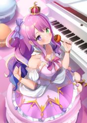 Rule 34 | 1girl, absurdres, bare shoulders, bracelet, breasts, candy hair ornament, collarbone, commentary request, crown, food, food-themed hair ornament, gradient hair, green eyes, hair ornament, heterochromia, highres, himemori luna, himemori luna (1st costume), hololive, instrument, jewelry, long hair, looking at viewer, maru ccy, multicolored hair, piano, pink hair, purple eyes, seiza, sitting, smile, solo, takoyaki, virtual youtuber