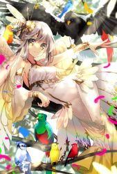 Rule 34 | 1girl, bird, bracelet, branch, commentary, detached sleeves, dress, feathers, grey hair, hair ornament, jewelry, light rays, long hair, lying, on back, original, solo, tika (mika4975), white dress, yellow eyes