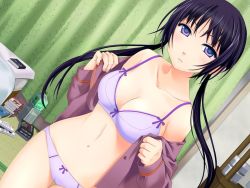 Rule 34 | 1girl, bedroom, bow, bow bra, bow panties, bra, game cg, ginta, indoors, lingerie, miyama ai, navel, open clothes, open shirt, panties, purple bra, purple eyes, purple hair, purple panties, shirt, solo, source request, sugar+spice!, twintails, underwear, undressing