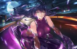 Rule 34 | 1girl, action taimanin, artist request, ass, breasts, city, curvy, igawa asagi, large breasts, lilith-soft, motor vehicle, motorcycle, night, sky, smile, solo, taimanin (series), taimanin asagi