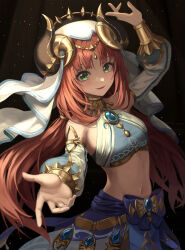 Rule 34 | 1girl, arm up, bare shoulders, black background, blue bow, blue gemstone, blue skirt, blush, bow, bracer, breasts, brooch, circlet, crop top, dancer, detached sleeves, fake horns, gem, genshin impact, gold trim, green eyes, horns, jewelry, light particles, long hair, long sleeves, looking at viewer, low twintails, mookyuu9, navel, neck ring, nilou (genshin impact), outstretched hand, parted bangs, parted lips, puffy long sleeves, puffy sleeves, sidelocks, skirt, small breasts, smile, solo, stomach, twintails, veil, white headwear, white sleeves