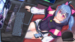 Rule 34 | 1girl, animal ears, belly, blue hair, cellphone, chiaki katsumi, commission, desk, fake animal ears, hair ornament, hairclip, highres, hood, hoodie, jacket, keyboard (computer), microphone, microphone stand, monitor, mouse (computer), navel, open mouth, phone, pink eyes, pixellink, smartphone, thighhighs, thighs, virtual youtuber, wallpaper