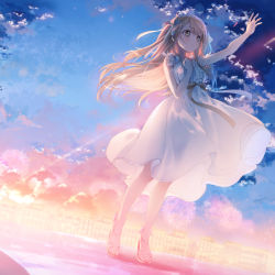 Rule 34 | 1girl, :o, a20 (atsumaru), bare shoulders, black ribbon, blush, brown hair, building, clenched hand, cloud, cloudy sky, commentary request, dress, dutch angle, fireworks, hand on own chest, high heels, highres, hololive, long hair, looking away, no socks, open mouth, orange sky, reaching, ribbon, sky, solo, standing, swept bangs, teeth, virtual youtuber, white dress, yozora mel