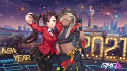 Rule 34 | 2021, 2girls, braid, cityscape, fireworks, happy new year, highres, hood, hoodie, logo, multiple girls, new year, ning (smc), official art, phone, r.e.d (smc), school uniform, selfie, sky, smile, star (sky), starry sky, super mecha champions, twintails