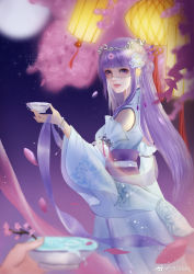 Rule 34 | 1girl, absurdres, bracelet, branch, cherry blossoms, cup, detached sleeves, disembodied hand, dress, fei hua sui yu ka haixian, from side, hair ornament, highres, jewelry, lantern, long hair, moon, night, night sky, purple hair, qinshi mingyue, sash, second-party source, shao siming (qin shi ming yue), sky, solo, veil, white dress