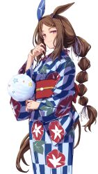 Rule 34 | 1girl, admire vega (umamusume), alternate costume, animal ears, braid, brown hair, closed mouth, commentary request, cotton candy, ear covers, floral print, food, hair between eyes, hair ornament, highres, holding, holding food, horse ears, horse girl, horse tail, japanese clothes, kimono, long hair, long sleeves, looking at viewer, low ponytail, ponytail, purple eyes, ribbon, simple background, single ear cover, smile, solo, starheart, tail, umamusume, very long hair, white background, wide sleeves