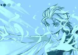 Rule 34 | 1girl, angry, blue theme, color guide, elsa (frozen), frozen (disney), hidaka ajiko, magic, monochrome, outstretched arms, solo, upper body
