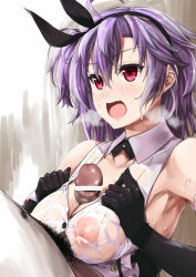 Rule 34 | 1boy, 1girl, azur lane, bar censor, black bow, black gloves, blush, bow, breasts, breasts squeezed together, breath, censored, collarbone, commander (azur lane), elbow gloves, erection, fang, frills, gloves, hair between eyes, hair bow, hairband, hetero, highres, kent (azur lane), large breasts, male pubic hair, military, military uniform, morimoto kiyona, nipples, open mouth, paizuri, paizuri under clothes, penis, pubic hair, purple eyes, purple hair, see-through, shirt, sidelocks, sleeveless, smile, solo focus, tsurime, uniform, upper body, vest, wet, wet clothes, wet shirt