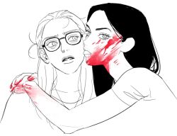 2girls animification anita_lesnecki arms_around_neck blood blood_on_face blood_on_hands commentary_request dailysarndean glasses jennifer&#039;s_body jennifer_check korean_commentary licking licking_another&#039;s_face looking_at_viewer looking_to_the_side multiple_girls open_mouth short_sleeves spot_color tears tongue tongue_out yuri