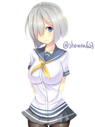 Rule 34 | 10s, 1girl, arms behind back, bad id, bad pixiv id, black pantyhose, breasts, cowboy shot, hair ornament, hair over one eye, hairclip, hamakaze (kancolle), highres, kantai collection, large breasts, looking at viewer, nano (syoutamho), neckerchief, pantyhose, pleated skirt, purple eyes, sailor collar, school uniform, serafuku, short hair, short sleeves, silver hair, simple background, skirt, solo, twitter username, upper body, white background, yellow neckerchief