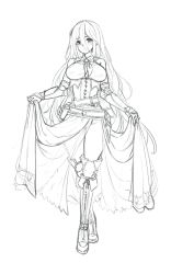 Rule 34 | 1girl, barbariank, belt, blush, boots, breasts, clothes lift, commentary, corset, cross-laced footwear, crossed ankles, elbow gloves, english commentary, full body, gloves, granblue fantasy, graphite (medium), greyscale, hair between eyes, highres, large breasts, lifted by self, long hair, long skirt, looking at viewer, monochrome, no panties, pouch, rosamia (granblue fantasy), see-through, side slit, sidelocks, simple background, sketch, skirt, skirt lift, solo, standing, thigh boots, thighhighs, traditional media, underbust, vambraces, very long hair, white background