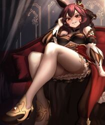 Rule 34 | 1girl, animal ears, bare shoulders, blush, braided hair rings, breasts, cleavage, closed mouth, collarbone, corset, couch, covered collarbone, curtains, detached sleeves, dress, ear covers, ear ornament, gentildonna (umamusume), hair ornament, hair rings, high heels, highres, horse ears, horse girl, horse tail, hoshikuzu kizuna (kizuna stardust), indoors, large breasts, long sleeves, looking at viewer, medium hair, on couch, red corset, red dress, red eyes, ribbon, see-through, see-through cleavage, sitting, smile, solo, tail, umamusume