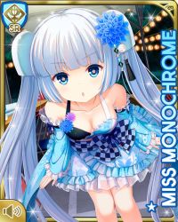 Rule 34 | 1girl, :o, blue dress, blue eyes, blunt bangs, card, character name, checkered pattern, concert, dress, flower, girlfriend (kari), hair flower, hair ornament, indoors, miss monochrome, miss monochrome (character), night, official art, open mouth, qp:flapper, solo, standing, tagme, twintails, white footwear, white hair