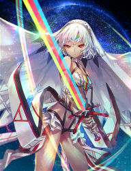 Rule 34 | 1girl, altera (fate), bare shoulders, black nails, blunt bangs, breasts, choker, closed mouth, collarbone, dark-skinned female, dark skin, detached sleeves, expressionless, fate/grand order, fate (series), fingernails, full-body tattoo, headdress, holding, holding sword, holding weapon, jewelry, legs, nail polish, navel, photon ray (fate), red eyes, revealing clothes, shionty, short hair, showgirl skirt, skirt, small breasts, solo, sword, tan, tattoo, thighs, veil, weapon, white hair, white skirt