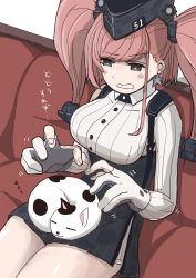 Rule 34 | 1girl, anchor hair ornament, animal, animal on lap, atlanta (kancolle), black eyes, black hat, black skirt, boushi-ya, breasts, brown hair, cat, couch, earrings, garrison cap, gloves, hair ornament, hat, headgear, highres, jewelry, kantai collection, long hair, long sleeves, medium breasts, on lap, open mouth, partially fingerless gloves, simple background, single earring, sitting, skirt, solo, star (symbol), star earrings, suspender skirt, suspenders, translated, twintails, two side up, white background, zzz
