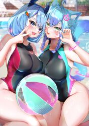 Rule 34 | 1girl, 2girls, ahoge, animal ear fluff, animal ears, ball, bare arms, bare shoulders, beachball, black one-piece swimsuit, blue hair, blue one-piece swimsuit, bracelet, breasts, carrot hair ornament, cat ears, cat girl, cat tail, claw pose, commission, demon horns, facial mark, food-themed hair ornament, hair ornament, hairclip, horns, impossible clothes, impossible swimsuit, jewelry, large breasts, looking at viewer, medium hair, multiple girls, one-piece swimsuit, original, poolside, red one-piece swimsuit, seta (seta105), skeb commission, slit pupils, solo, swimsuit, tail, two-tone one-piece swimsuit