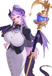 Rule 34 | 1girl, absurdres, bead necklace, beads, black capelet, bra, bra visible through clothes, breasts, capelet, dragon tail, dress, gradient hair, hair bun, highres, holding, holding staff, homare (princess connect!), horns, huge breasts, jewelry, long hair, looking at viewer, multicolored hair, necklace, pink hair, pointy ears, princess connect!, purple hair, red eyes, see-through, sidelocks, simple background, single hair bun, sohn woohyoung, solo, staff, tail, underwear, very long hair, white background, white dress, wings