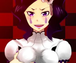 Rule 34 | 1girl, arrancar, bleach, blush, grabbing another&#039;s breast, breasts, checkered background, cirucci sanderwicci, facial mark, grabbing, hair ornament, lipstick, makeup, nail polish, open mouth, puffy sleeves, purple eyes, purple hair, purple lips, purple nails, grabbing own breast, short twintails, smile, twintails, wavy hair