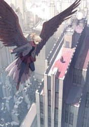 Rule 34 | 2girls, bird tail, bird wings, black legwear, blonde hair, brown eyes, building, cindy o&#039;brien, cityscape, dress, flying, from above, highres, jacket, legs folded, looking at another, multiple girls, new york, original, pantyhose, real world location, rooftop, scarf, scenery, seo tatsuya, shoes, skirt, smoke, standing, tail, wings