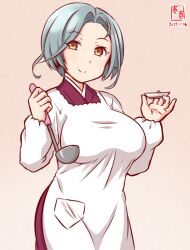 Rule 34 | 1girl, alternate costume, apron, breasts, cooking, frilled apron, frills, gradient background, grey hair, holding, holding ladle, housewife, japanese clothes, kanon (kurogane knights), kantai collection, kappougi, kimono, ladle, large breasts, mole, mole on neck, one-hour drawing challenge, pink background, plate, purple kimono, short hair, smile, solo, split mouth, tamanami (kancolle), tasting plate, white apron, yellow eyes