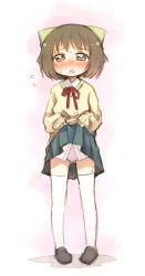 Rule 34 | 1girl, blush, bow, brown hair, clothes lift, dress shirt, flying sweatdrops, hair bow, kito (sorahate), loafers, original, panties, pantyshot, shirt, shoes, short hair, sketch, skirt, skirt lift, sleeves past wrists, solo, sweat, sweater, thighhighs, underwear, upskirt, wavy mouth, white thighhighs