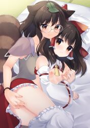 Rule 34 | 2girls, age difference, animal ears, black hair, bloomers, bloomers pull, bow, bracelet, breasts, brown hair, censored, day, detached sleeves, fingering, fingering from behind, futatsuiwa mamizou, futon, glasses, hair bow, hair tubes, hakurei reimu, indoors, jewelry, long hair, medium hair, mosaic censoring, multiple girls, nipples, nontraditional miko, onee-loli, pillow, raccoon ears, raccoon girl, raccoon tail, sen1986, small breasts, smile, sunlight, tail, tatami, touhou, underwear, yellow eyes, yuri