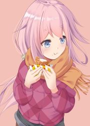 Rule 34 | 1girl, absurdres, black pantyhose, blue eyes, blush, checkered clothes, chicken (food), closed mouth, denim, denim shorts, eating, file112056, food, food on face, fried chicken, hair between eyes, hair ornament, hairband, highres, holding, holding food, jacket, kagamihara nadeshiko, long hair, long sleeves, looking to the side, micro shorts, multicolored clothes, orange background, orange scarf, pantyhose, pink jacket, scarf, shorts, simple background, smile, solo, yurucamp