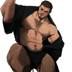 1boy bara beard black_robe black_shorts blush broad_shoulders brown_hair chest_hair chris_redfield chris_sdd connected_beard facial_hair highres leg_hair male_focus mature_male muscular muscular_male navel nipples resident_evil resident_evil_village robe short_hair shorts signature simple_background white_background