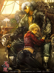 Rule 34 | 1boy, 1girl, ass, blonde hair, boots, bracelet, braid, chain, chair, cigarette, denim, fingerless gloves, furyou michi ~gang road~, gloves, highres, jacket, jeans, jewelry, katana, long hair, lots of jewelry, official art, pants, silver hair, sitting, sword, tattoo, weapon, xaxak
