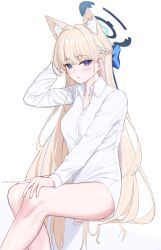 Rule 34 | 1girl, animal ear fluff, animal ears, blonde hair, blue archive, blue bow, blue eyes, blue hair, blush, bow, braid, collared shirt, commentary request, dress shirt, earrings, extra ears, eyelashes, feet out of frame, fox ears, hair bow, halo, hand on own knee, hand up, highres, invisible chair, jewelry, kemonomimi mode, long hair, long sleeves, looking at viewer, mizoshi-x, multicolored hair, no pants, parted lips, shirt, simple background, sitting, solo, streaked hair, stud earrings, thighs, toki (blue archive), twitter username, very long hair, white background, white shirt