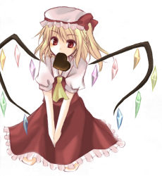 Rule 34 | 1girl, blonde hair, candy, chocolate, chocolate heart, female focus, flandre scarlet, food, hat, heart, mob cap, mouth hold, muzuki hikari, red eyes, simple background, solo, touhou, white background, wings