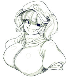 Rule 34 | 1girl, blunt bangs, breasts, covered erect nipples, greyscale, grin, hair bobbles, hair ornament, hat, kawashiro nitori, large breasts, looking at viewer, monochrome, no pupils, portrait, short hair, simple background, smile, solo, spacezin, touhou, twintails, white background, zipper