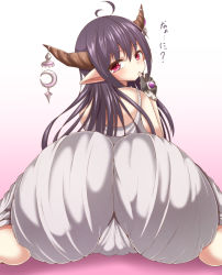 Rule 34 | 10s, 1girl, antenna hair, ass, black hair, bloomers, blush, cameltoe, danua, draph, dress, finger to mouth, fingerless gloves, gloves, granblue fantasy, horn ornament, horns, huge ass, long hair, looking at viewer, looking back, monster girl, pointy ears, purple eyes, roro (sghona10), sitting, solo, thumb to mouth, turning head, underwear, wariza, white bloomers, wide hips
