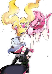 Rule 34 | 00s, 2girls, :o, black gloves, blonde hair, boots, bow, cure peach, dress, eas (fresh precure!), eye contact, falling, flying, fresh precure!, frills, gloves, grey hair, hair ornament, hairband, hairpin, heart, heart hair ornament, higashi setsuna, high heels, highres, knee boots, long hair, looking at another, magical girl, momozono love, multiple girls, open mouth, pink bow, pink eyes, pink footwear, plant, precure, shoes, short hair, shorts, tears, tima, twintails, vines, wrist cuffs, yuri