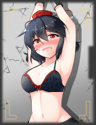 Rule 34 | 1girl, against wall, arms up, bdsm, black bra, black hair, blush, bow, bow bra, bra, breasts, cleavage, collarbone, cuffs, curly hair, hair between eyes, hat, highres, looking at viewer, medium breasts, navel, nintoku, open mouth, pom pom (clothes), red eyes, shackles, shameimaru aya, short hair, solo, tokin hat, touhou, underwear, upper body, viewfinder, wrist cuffs