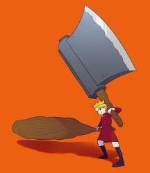 Rule 34 | 1boy, aboutama, axe, blonde hair, blue eyes, child, crown, daida, fighting stance, full body, holding, holding axe, huge weapon, male focus, orange background, ousama ranking, prince, short hair, solo, weapon