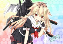 Rule 34 | 10s, 1girl, :d, blonde hair, breasts, bridal gauntlets, brown eyes, cannon, fang, get, hair flaps, hair ornament, hair ribbon, hairclip, kantai collection, leaning forward, long hair, looking at viewer, machinery, neckerchief, open mouth, personification, puffy short sleeves, puffy sleeves, red neckerchief, ribbon, school uniform, serafuku, short sleeves, sky-freedom, smile, solo, very long hair, yuudachi (kancolle), yuudachi kai ni (kancolle)