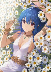Rule 34 | 1girl, absurdres, ahoge, armlet, bare shoulders, blue hair, breasts, brown eyes, cleavage, commentary request, dress, earrings, field, flower, flower field, gold bracelet, gold choker, greco-roman clothes, hair between eyes, highres, holding, holding flower, jewelry, long hair, looking at viewer, lying, medium breasts, mimihachi, on back, original, outdoors, ring, sidelocks, sleeveless, sleeveless dress, smile, very long hair, white dress, white flower