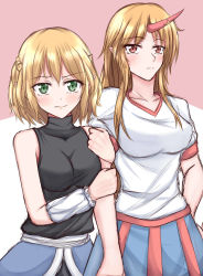 Rule 34 | 2girls, holding another&#039;s arm, bad id, bad pixiv id, blonde hair, blush, breasts, couple, green eyes, highres, horns, hoshiguma yuugi, large breasts, long hair, mizuhashi parsee, multiple girls, pointy ears, red eyes, short hair, single horn, touhou, wendell, yuri