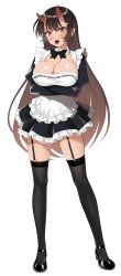 Rule 34 | 1girl, absurdres, apron, black bow, black bowtie, black dress, black footwear, black thighhighs, bow, bowtie, breast hold, breasts, brown hair, cleavage, commentary, crossed arms, dark-skinned female, dark skin, dress, enjo kouhai, full body, garter straps, hair ornament, hairclip, high heels, highres, horns, large breasts, long hair, long sleeves, looking at viewer, maid, maid apron, oni horns, open mouth, orange eyes, origamine ouka, puffy long sleeves, puffy sleeves, short dress, simple background, solo, standing, straight hair, takunomi, thighhighs, white background, wing collar