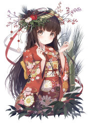 Rule 34 | 1girl, absurdres, berry, blush, brown eyes, brown hair, commentary, dolphro-kun, floral print, flower, hair flower, hair ornament, head tilt, highres, japanese clothes, kimono, long hair, long sleeves, looking at viewer, obi, original, parted lips, pinecone, print kimono, red flower, red kimono, sash, simple background, solo, symbol-only commentary, very long hair, white background, white flower, wide sleeves