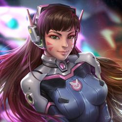 Rule 34 | 1girl, artist name, backlighting, blurry, bodysuit, breasts, brown hair, close-up, closed mouth, d.va (overwatch), dcwj, depth of field, facepaint, facial mark, green eyes, headgear, long hair, mecha, medium breasts, overwatch, overwatch 1, pink lips, portrait, realistic, robot, signature, skin tight, smile, solo, upper body, whisker markings
