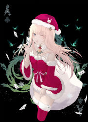 Rule 34 | 1girl, alice (alice in wonderland), alice in wonderland, bad id, bad pixiv id, black background, blonde hair, breasts, bug, butterfly, card, christmas, green eyes, hat, highres, insect, long hair, looking at viewer, merry hearm, one eye closed, open mouth, playing card, poker, santa costume, santa hat, skirt, solo