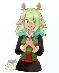 Rule 34 | 1girl, 1other, animal ears, antlers, black skirt, black sleeves, blush stickers, braid, braided bangs, breasts, buck teeth, ceres fauna, collar, collared shirt, deer antlers, deer ears, deer girl, deltarune, dme1, flower, freckles, green hair, green sweater vest, grin, hair between eyes, hair flower, hair ornament, heterochromatic eyewear, highres, hololive, hololive english, horns, long sleeves, medium breasts, medium hair, mole, mole under eye, nervous, noelle holiday, open mouth, own hands together, pink-tinted eyewear, red sweater vest, reindeer antlers, reindeer girl, sapling (ceres fauna), shirt, skirt, smile, spamton g. spamton, sweatdrop, sweater vest, teeth, tinted eyewear, virtual youtuber, white collar, white flower, white shirt, white wrist cuffs, wrist cuffs, yellow-tinted eyewear, yellow eyes