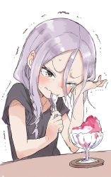 Rule 34 | 1girl, absurdres, black shirt, braid, brain freeze, brown eyes, closed mouth, commentary request, food, hair between eyes, hair over shoulder, hands up, highres, holding, holding spoon, long hair, low twintails, one eye closed, parted bangs, purple hair, shaved ice, shirt, short sleeves, simple background, solo, soredemo ayumu wa yosetekuru, spoon, sweat, table, tears, trembling, twin braids, twintails, upper body, wavy mouth, white background, yamamoto souichirou, yaotome urushi