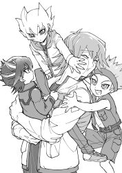 Rule 34 | 4boys, absurdres, age difference, aged down, belt, bruno (yu-gi-oh!), carrying, carrying person, cheek squash, child, clothes grab, crow hogan, fudo yusei, greyscale, hand on another&#039;s cheek, hand on another&#039;s face, hand on another&#039;s shoulder, high collar, highres, holding, hood, hood down, hooded jacket, jack atlas, jacket, jewelry, monochrome, multiple boys, necklace, on shoulder, one eye closed, open mouth, pants, parted lips, piggyback, screentones, serious, shirt, shoes, shorts, sleeveless, sleeveless jacket, sleeves rolled up, smile, sneakers, spiked hair, standing, youko-shima, yu-gi-oh!, yu-gi-oh! 5d&#039;s