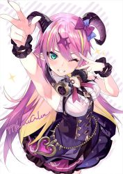 Rule 34 | 1girl, ;), arm up, armpits, asymmetrical horns, bare shoulders, blonde hair, blush, breasts, chest harness, demon horns, green eyes, hair between eyes, hair ornament, harness, headphones, headphones around neck, hololive, horns, long hair, looking at viewer, mano aloe, multicolored hair, one eye closed, pink hair, pointy ears, shirokitsune, smile, two-tone hair, uneven horns, virtual youtuber, w, wrist cuffs