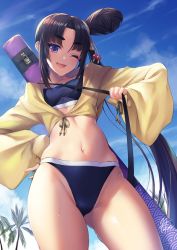 Rule 34 | 1girl, :d, bikini, black hair, blue bikini, blue eyes, breasts, cloud, cloudy sky, commentary request, day, fate/grand order, fate (series), fukai ryosuke, hair bun, hair ornament, hand on own hip, highres, jacket, long hair, looking at viewer, navel, one eye closed, open mouth, palm tree, side ponytail, single hair bun, sky, small breasts, smile, solo, stomach, swimsuit, thick eyebrows, tree, ushiwakamaru (fate), ushiwakamaru (fate/grand order), ushiwakamaru (swimsuit assassin) (fate), ushiwakamaru (swimsuit assassin) (first ascension) (fate), very long hair, wet